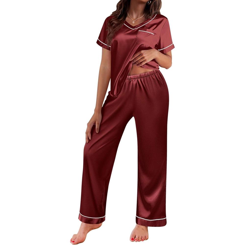 imageEkouaer Satin Pajamas for Women Short Sleeve Silk Pajama Sets Soft Sleepwear Top with Causal Long Pj PantRed