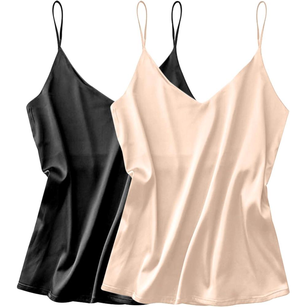 imageEkouaer Satin Tank Tops for Women Silk Camisole Tops 2 Pack V Neck Spaghetti Strap Blouse Soft Dressy CamisoleBlackChampagne