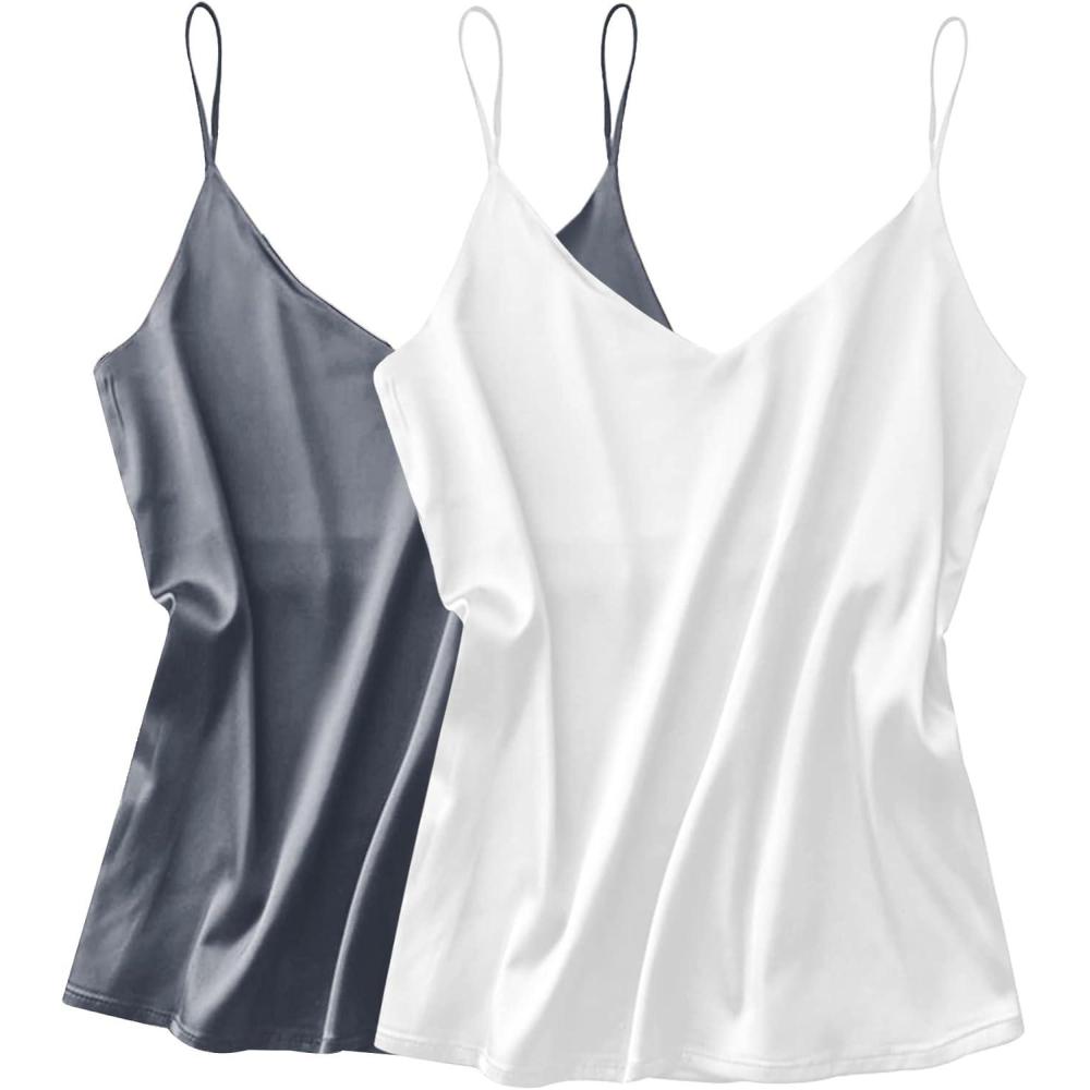 imageEkouaer Satin Tank Tops for Women Silk Camisole Tops 2 Pack V Neck Spaghetti Strap Blouse Soft Dressy CamisoleGreyWhite