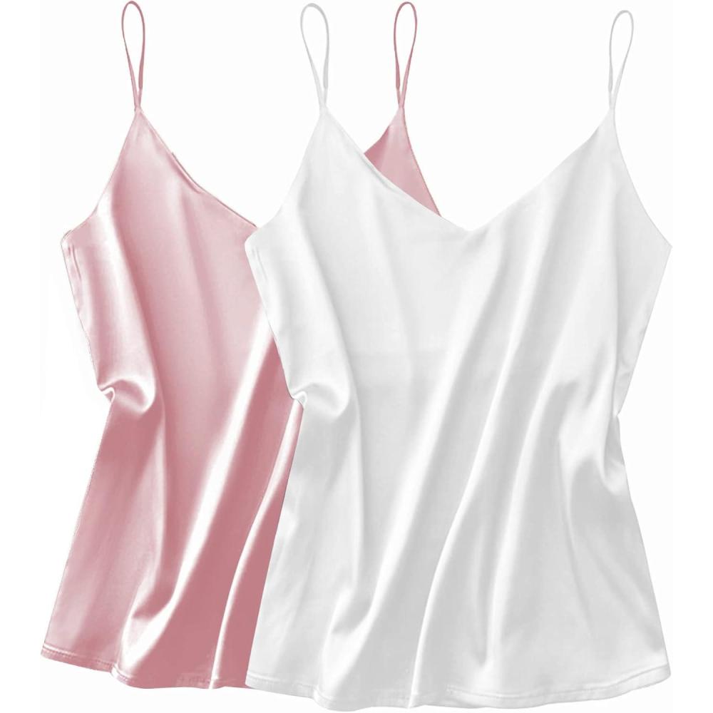 imageEkouaer Satin Tank Tops for Women Silk Camisole Tops 2 Pack V Neck Spaghetti Strap Blouse Soft Dressy CamisolePinkWhite