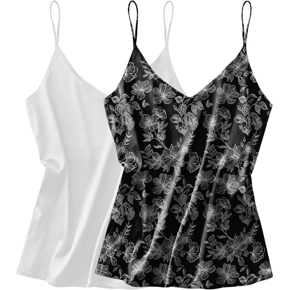 imageEkouaer Satin Tank Tops for Women Silk Camisole Tops 2 Pack V Neck Spaghetti Strap Blouse Soft Dressy CamisoleWhiteBlack Flower Print