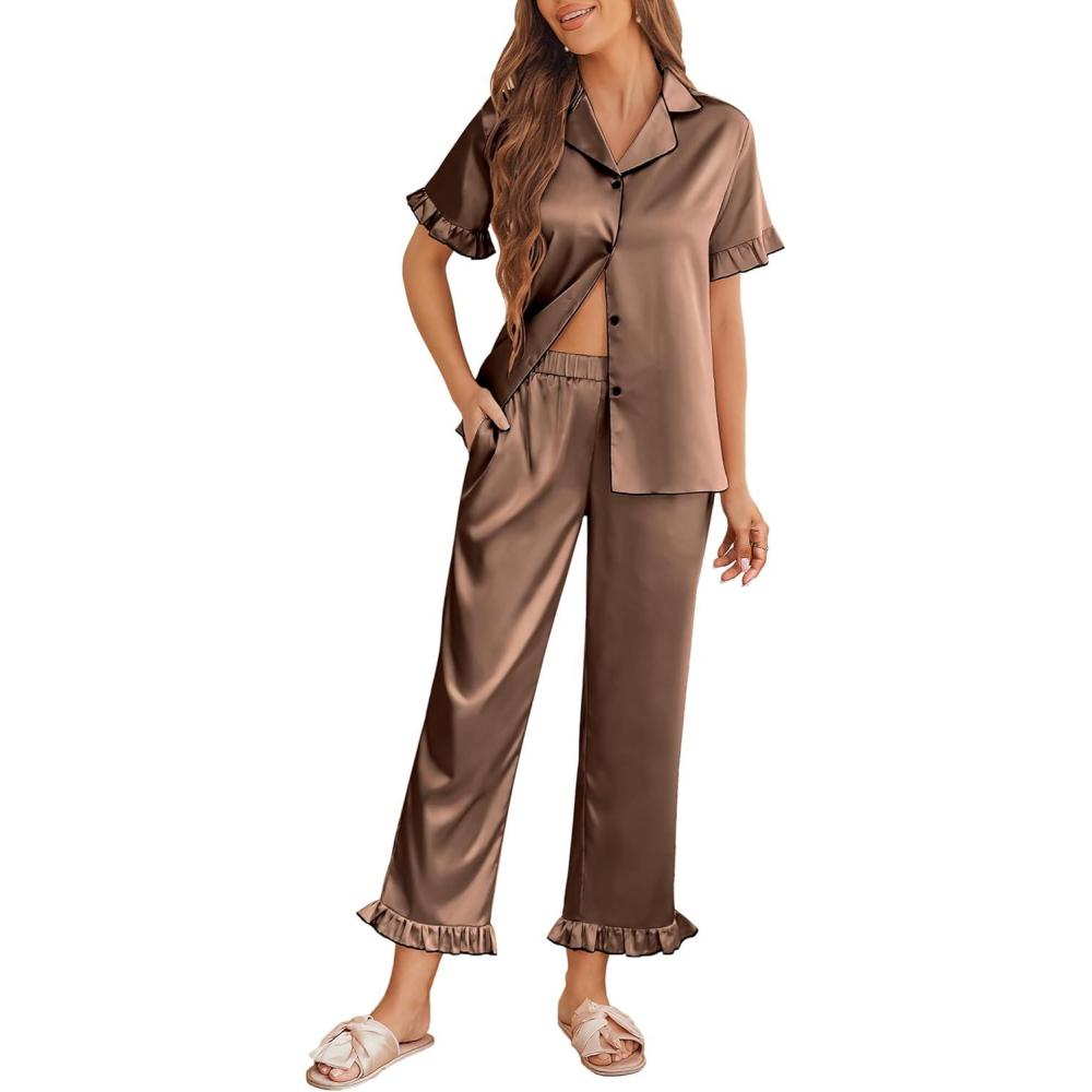 imageEkouaer Silk Pajamas for Women Satin Short Sleeve Pajamas Set with Ruffle 2 Pieces Button Down Tops and PantsBrown