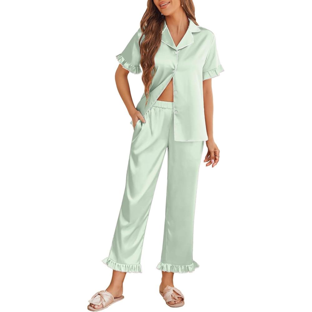 imageEkouaer Silk Pajamas for Women Satin Short Sleeve Pajamas Set with Ruffle 2 Pieces Button Down Tops and PantsLight Green