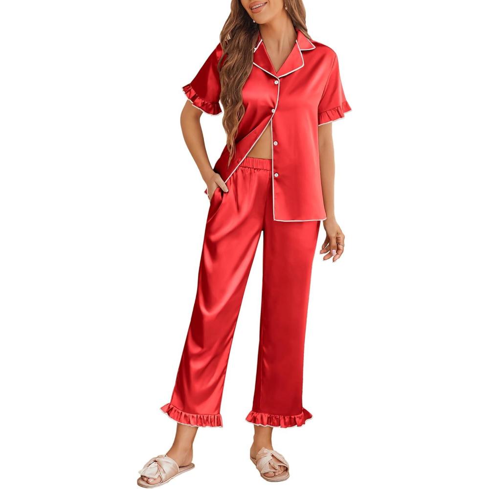 imageEkouaer Silk Pajamas for Women Satin Short Sleeve Pajamas Set with Ruffle 2 Pieces Button Down Tops and PantsRed