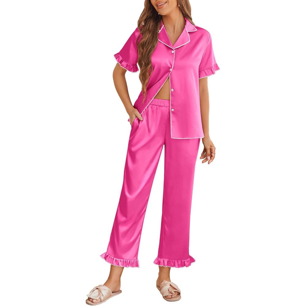 imageEkouaer Silk Pajamas for Women Satin Short Sleeve Pajamas Set with Ruffle 2 Pieces Button Down Tops and PantsRose Red