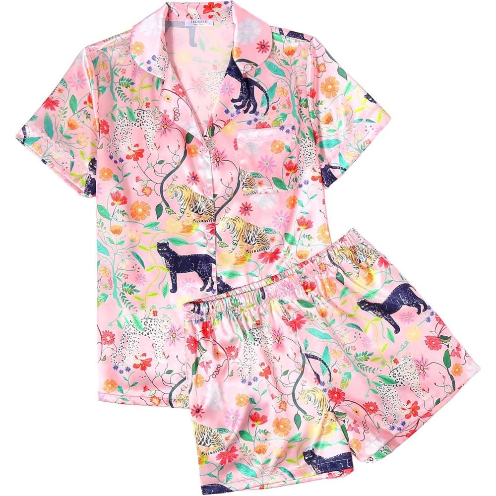 imageEkouaer Silk Satin Pajamas 2 Piece Pajamas for Women Set Button Down PJ Short Sleeve and Shorts Pjs Lounge Sets1pink With Tiger