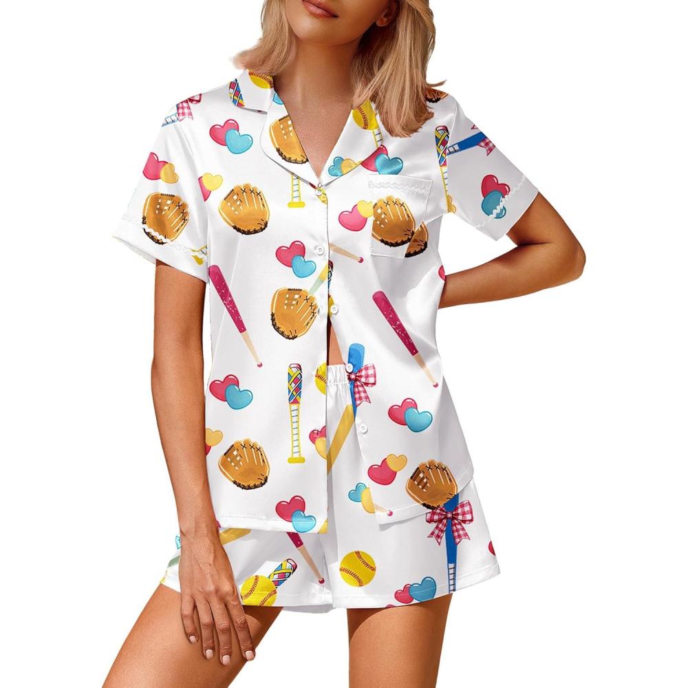 imageEkouaer Silk Satin Pajamas 2 Piece Pajamas for Women Set Button Down PJ Short Sleeve and Shorts Pjs Lounge SetsBat White