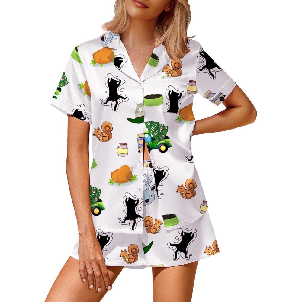 imageEkouaer Silk Satin Pajamas 2 Piece Pajamas for Women Set Button Down PJ Short Sleeve and Shorts Pjs Lounge SetsCute Pattern