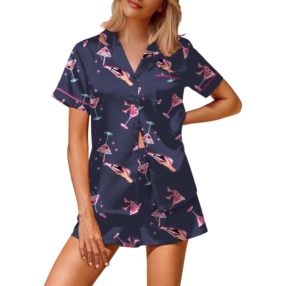 imageEkouaer Silk Satin Pajamas 2 Piece Pajamas for Women Set Button Down PJ Short Sleeve and Shorts Pjs Lounge SetsDeep Blue Cocktail Glass