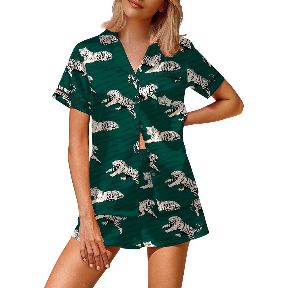 imageEkouaer Silk Satin Pajamas 2 Piece Pajamas for Women Set Button Down PJ Short Sleeve and Shorts Pjs Lounge SetsGrenn Tiger