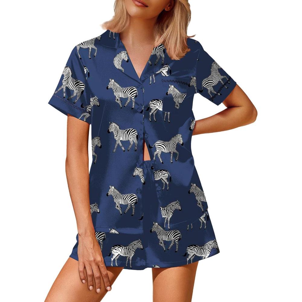 imageEkouaer Silk Satin Pajamas 2 Piece Pajamas for Women Set Button Down PJ Short Sleeve and Shorts Pjs Lounge SetsNavy With Zebra