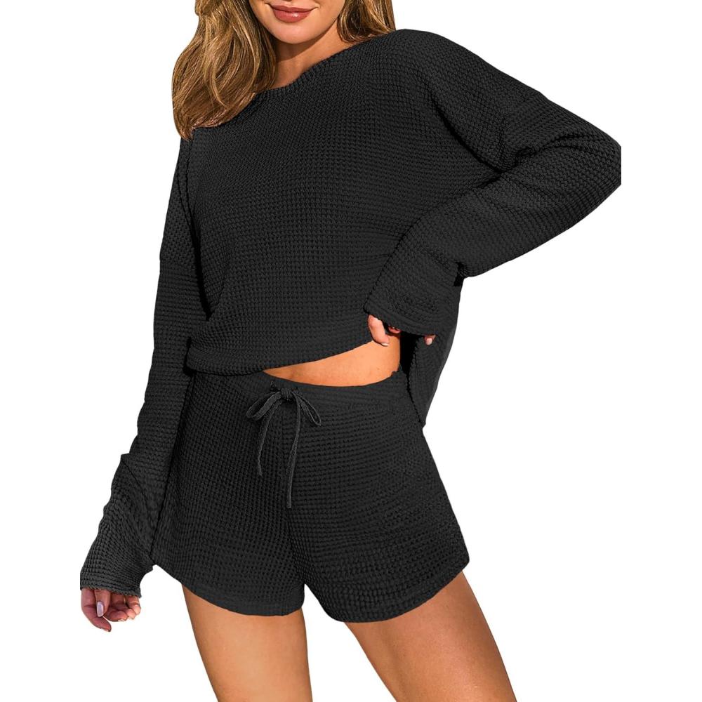 imageEkouaer Waffle Knit Pajama Sets for Women Solid Lounge Sets Long Sleeve Top and Shorts Pjs SXXLBlack