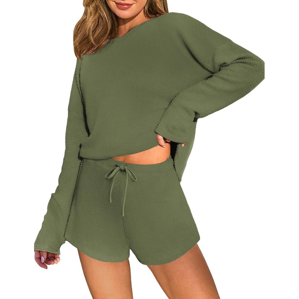 imageEkouaer Waffle Knit Pajama Sets for Women Solid Lounge Sets Long Sleeve Top and Shorts Pjs SXXLGreen