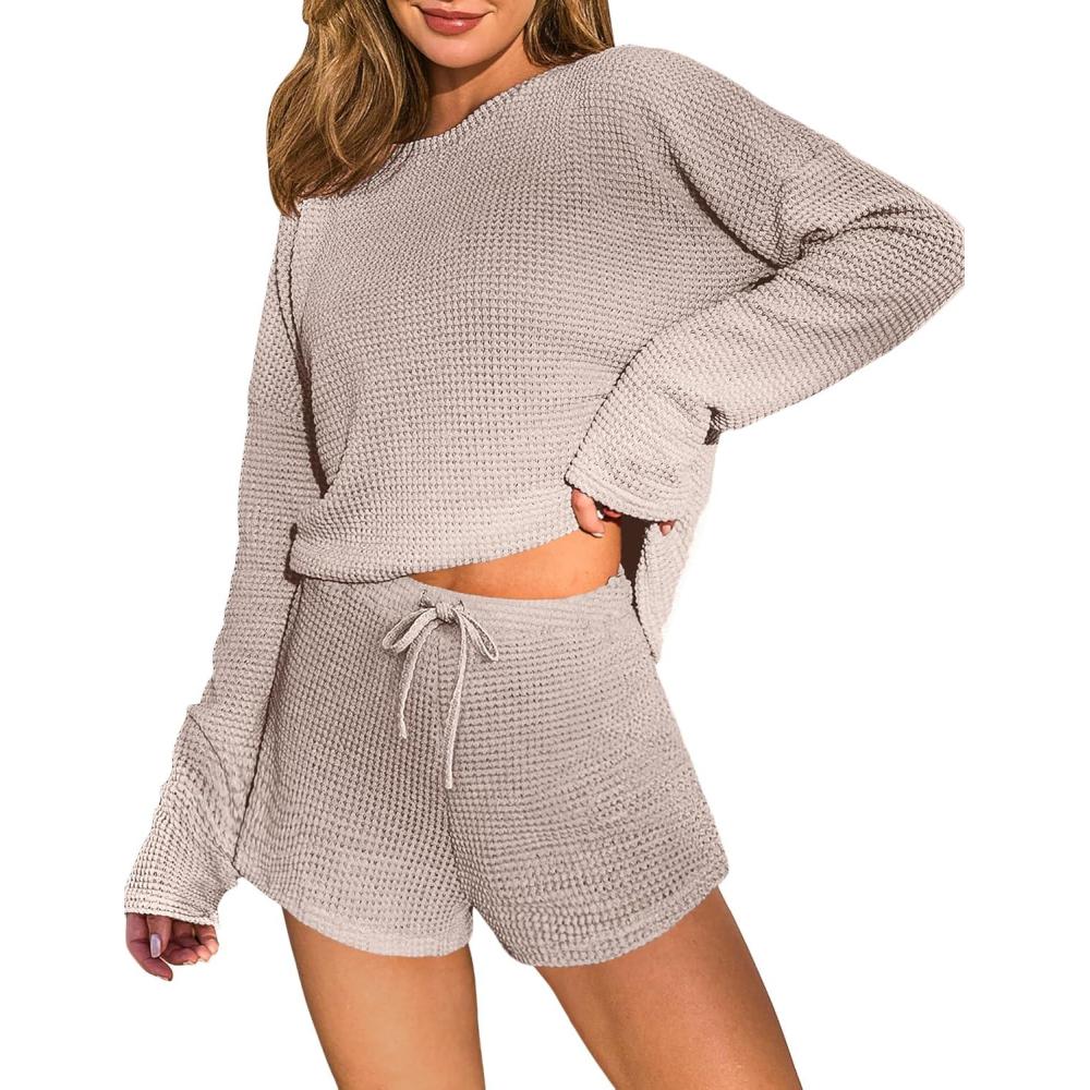 imageEkouaer Waffle Knit Pajama Sets for Women Solid Lounge Sets Long Sleeve Top and Shorts Pjs SXXLLight Khaki