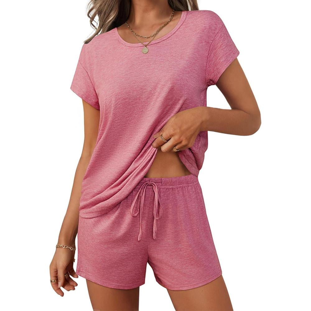 imageEkouaer Women 2 Piece Pajamas Set Short Sleeve Comfy Lounge Set Round Neck Tops and Shorts Pjs with PocketsGray Purple