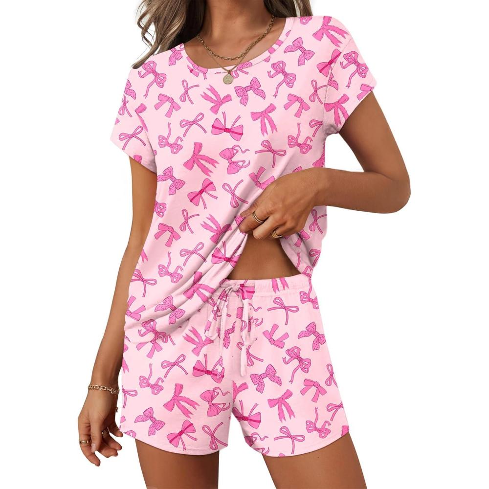 imageEkouaer Women 2 Piece Pajamas Set Short Sleeve Comfy Lounge Set Round Neck Tops and Shorts Pjs with PocketsPink Bow