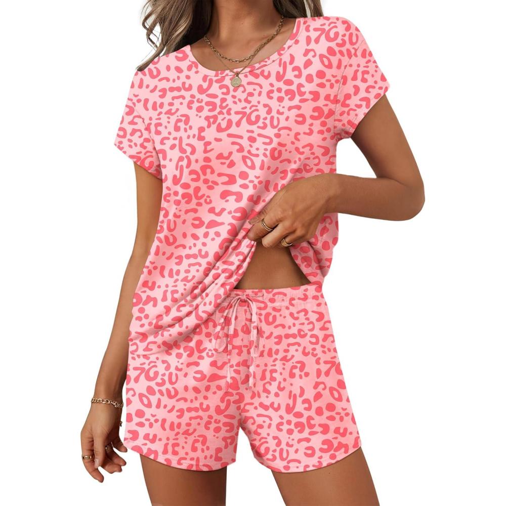 imageEkouaer Women 2 Piece Pajamas Set Short Sleeve Comfy Lounge Set Round Neck Tops and Shorts Pjs with PocketsPink Leopard