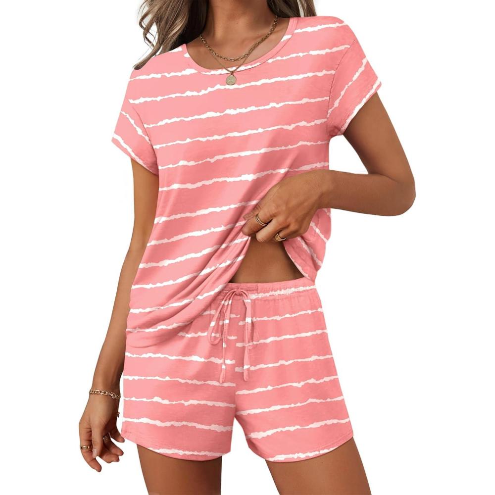 imageEkouaer Women 2 Piece Pajamas Set Short Sleeve Comfy Lounge Set Round Neck Tops and Shorts Pjs with PocketsPink Stripe