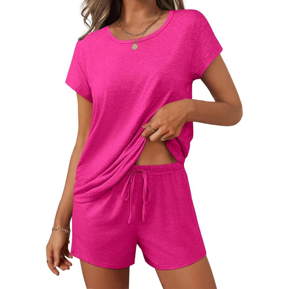 imageEkouaer Women 2 Piece Pajamas Set Short Sleeve Comfy Lounge Set Round Neck Tops and Shorts Pjs with PocketsRose Red