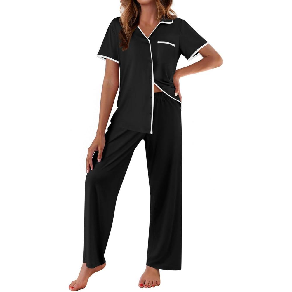 imageEkouaer Women Pajamas Button Down Notch Collar Soft Short Sleeve Pjs with Long Pant Lounge SetBlack