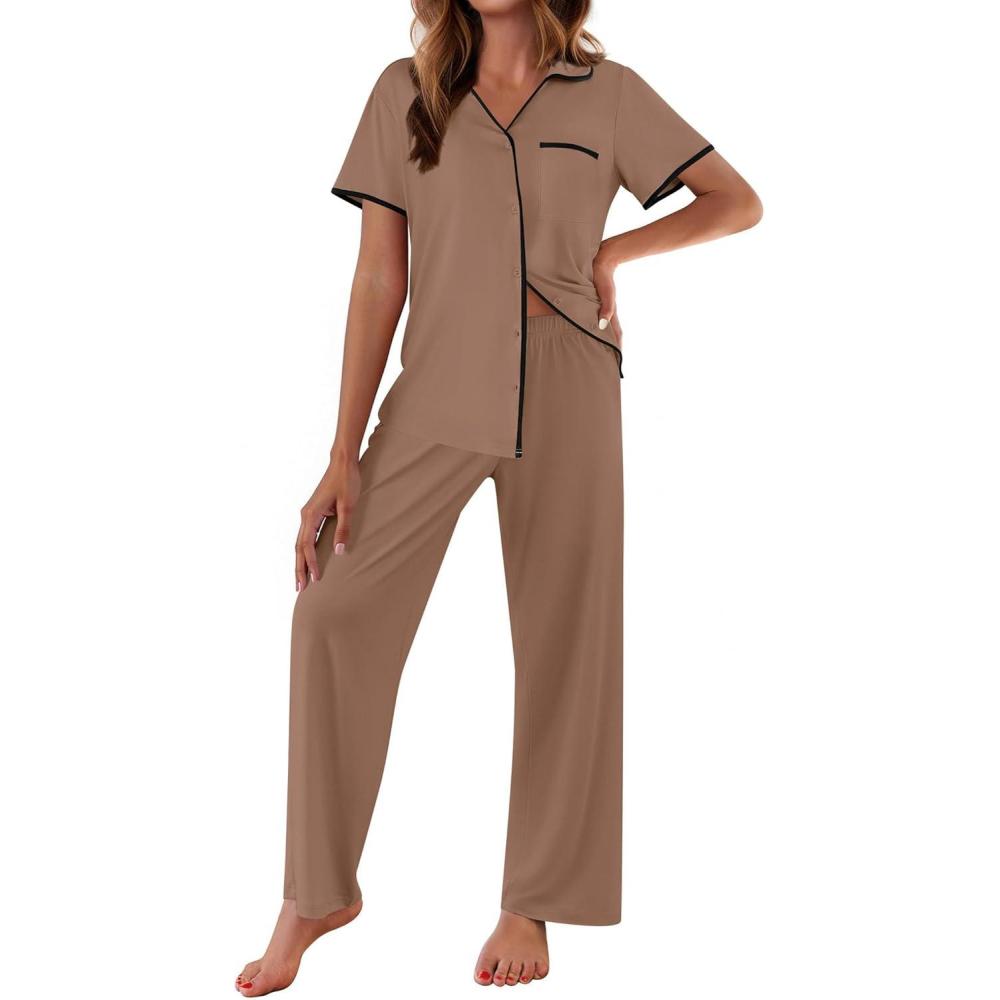 imageEkouaer Women Pajamas Button Down Notch Collar Soft Short Sleeve Pjs with Long Pant Lounge SetBrown