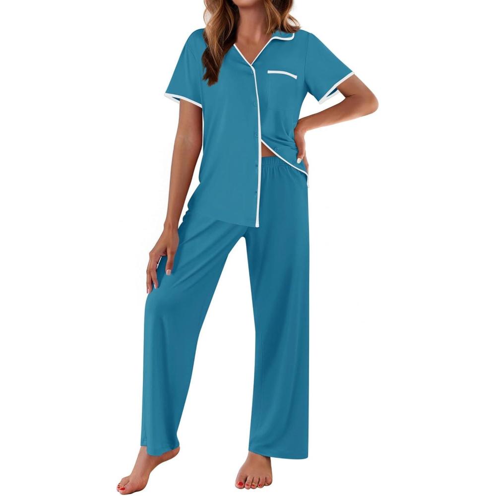 imageEkouaer Women Pajamas Button Down Notch Collar Soft Short Sleeve Pjs with Long Pant Lounge SetGreen