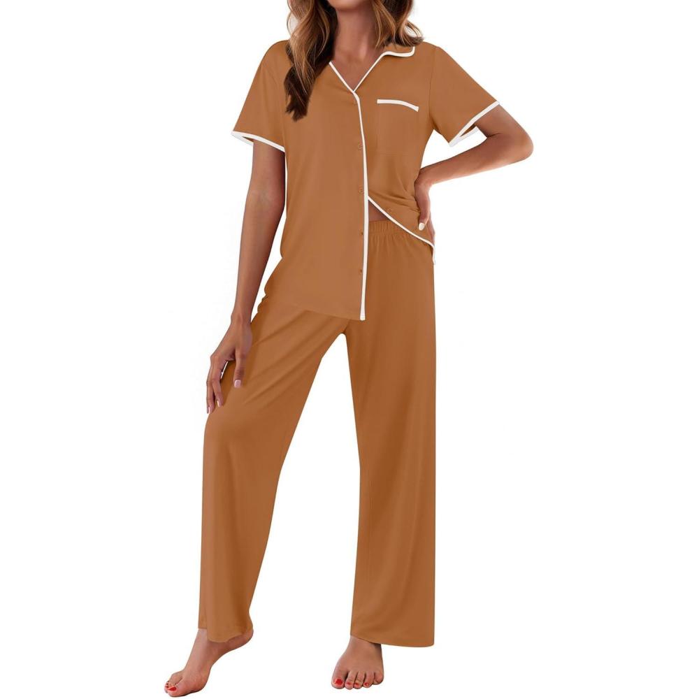 imageEkouaer Women Pajamas Button Down Notch Collar Soft Short Sleeve Pjs with Long Pant Lounge SetKhaki