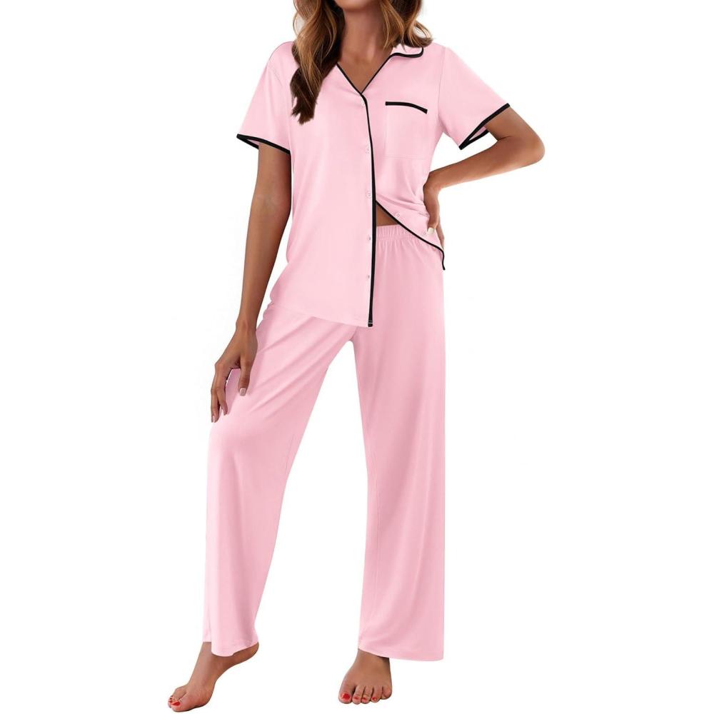 imageEkouaer Women Pajamas Button Down Notch Collar Soft Short Sleeve Pjs with Long Pant Lounge SetLight Pink