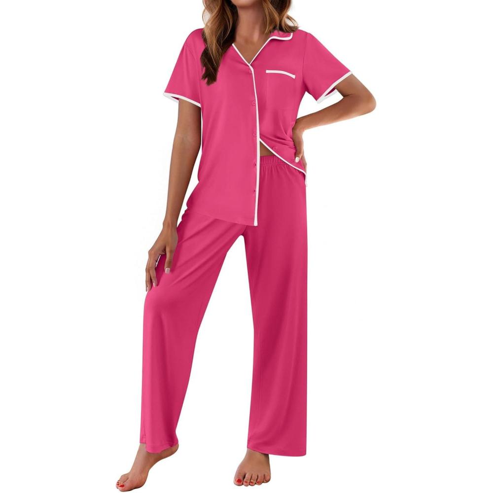 imageEkouaer Women Pajamas Button Down Notch Collar Soft Short Sleeve Pjs with Long Pant Lounge SetPink