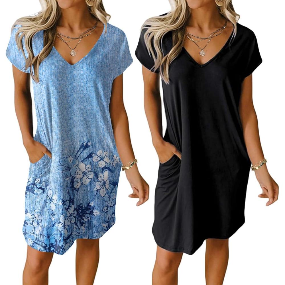 imageEkouaer Womens 2 Pack Nightgown V Neck Sleepshirt Short Sleeve Nightshirt PlainFloral Pajama Dress with PocketsBlack and Blue Floral