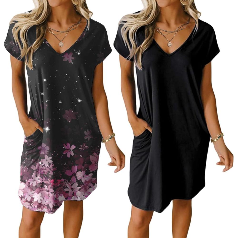 imageEkouaer Womens 2 Pack Nightgown V Neck Sleepshirt Short Sleeve Nightshirt PlainFloral Pajama Dress with PocketsBlack and Flower