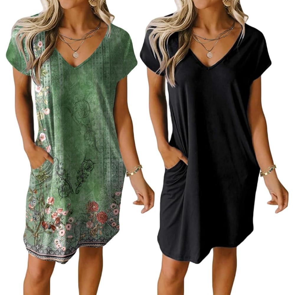 imageEkouaer Womens 2 Pack Nightgown V Neck Sleepshirt Short Sleeve Nightshirt PlainFloral Pajama Dress with PocketsBlack and Green Floral