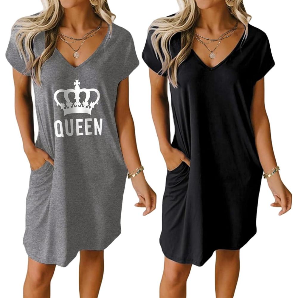 imageEkouaer Womens 2 Pack Nightgown V Neck Sleepshirt Short Sleeve Nightshirt PlainFloral Pajama Dress with PocketsBlack and Grey Gueen