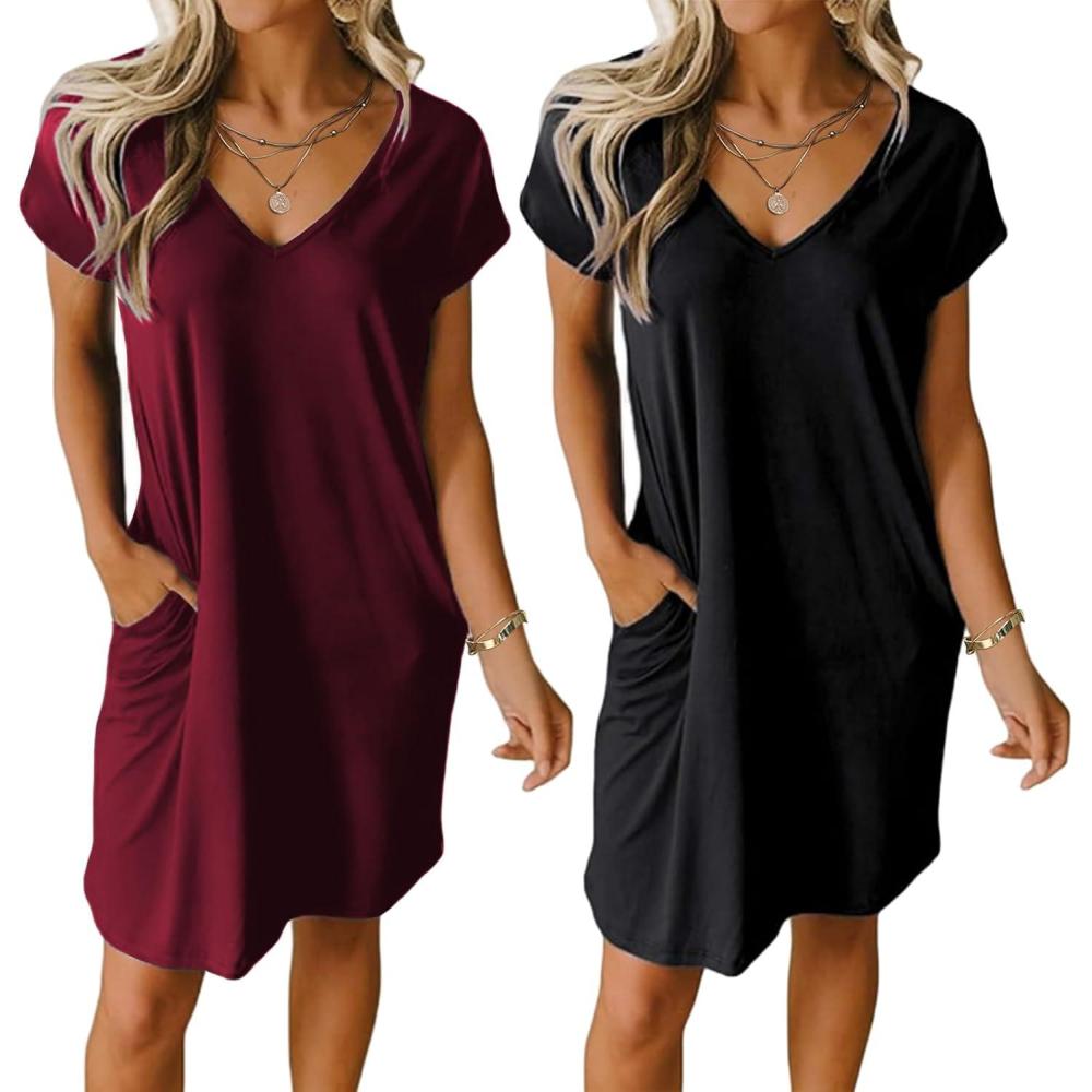 imageEkouaer Womens 2 Pack Nightgown V Neck Sleepshirt Short Sleeve Nightshirt PlainFloral Pajama Dress with PocketsBlack and Wine Red