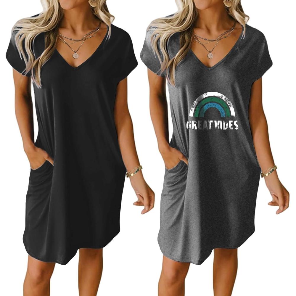 imageEkouaer Womens 2 Pack Nightgown V Neck Sleepshirt Short Sleeve Nightshirt PlainFloral Pajama Dress with PocketsBlackletter