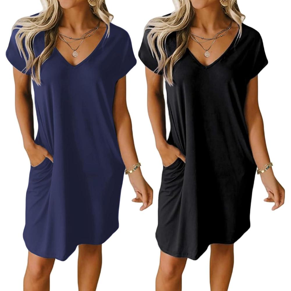 imageEkouaer Womens 2 Pack Nightgown V Neck Sleepshirt Short Sleeve Nightshirt PlainFloral Pajama Dress with PocketsBlacknavy Blue