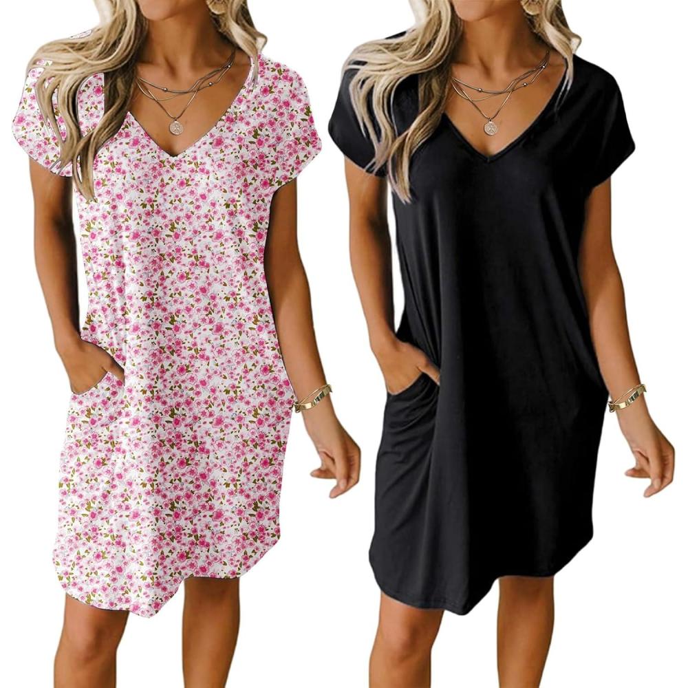 imageEkouaer Womens 2 Pack Nightgown V Neck Sleepshirt Short Sleeve Nightshirt PlainFloral Pajama Dress with PocketsBlackpink Flower