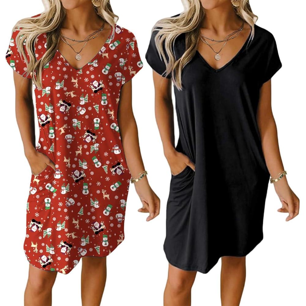 imageEkouaer Womens 2 Pack Nightgown V Neck Sleepshirt Short Sleeve Nightshirt PlainFloral Pajama Dress with PocketsBlackred Christmas Santa