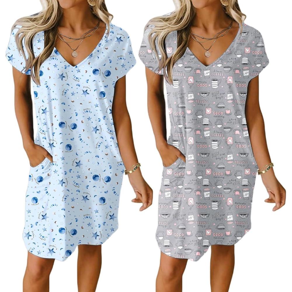 imageEkouaer Womens 2 Pack Nightgown V Neck Sleepshirt Short Sleeve Nightshirt PlainFloral Pajama Dress with PocketsCoffee and Star Print