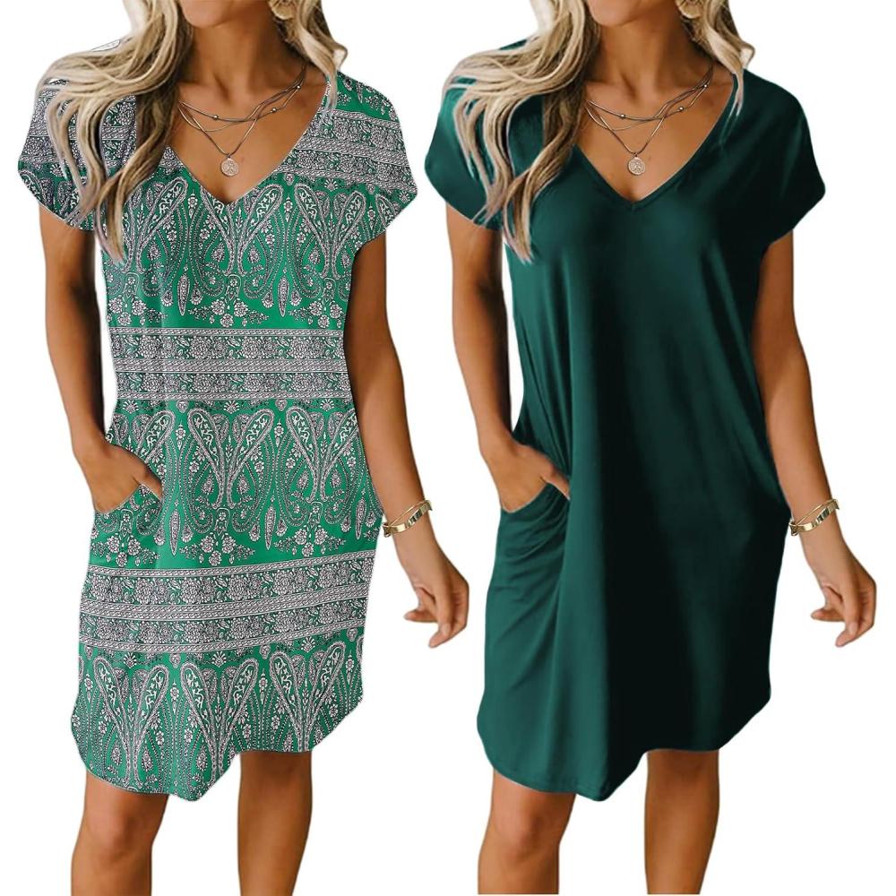 imageEkouaer Womens 2 Pack Nightgown V Neck Sleepshirt Short Sleeve Nightshirt PlainFloral Pajama Dress with PocketsGreengreen Print