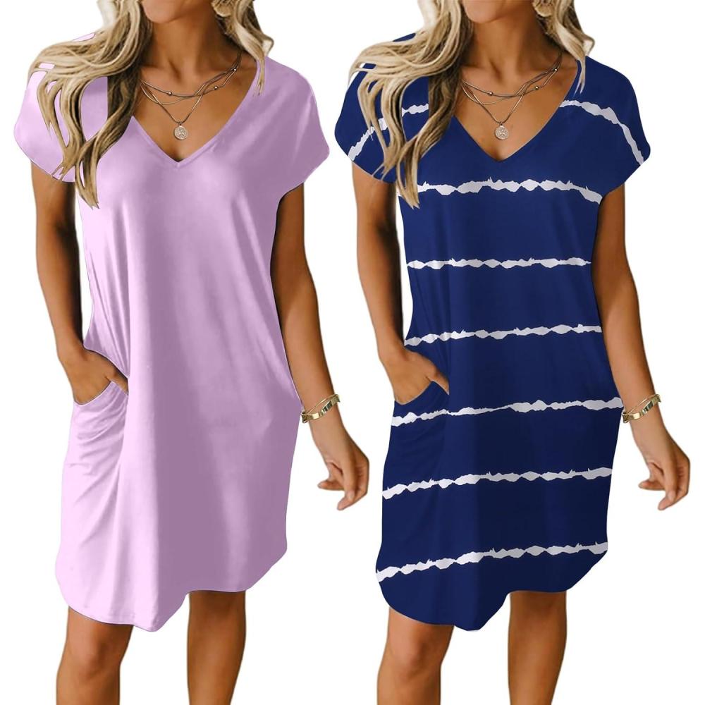 imageEkouaer Womens 2 Pack Nightgown V Neck Sleepshirt Short Sleeve Nightshirt PlainFloral Pajama Dress with PocketsLilacnavy Wavy Striped