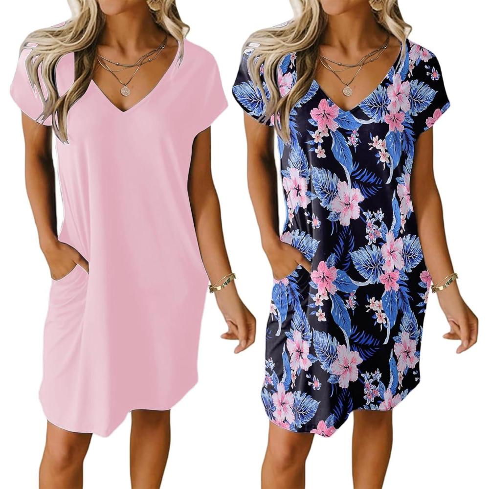 imageEkouaer Womens 2 Pack Nightgown V Neck Sleepshirt Short Sleeve Nightshirt PlainFloral Pajama Dress with PocketsPinkpink Floral