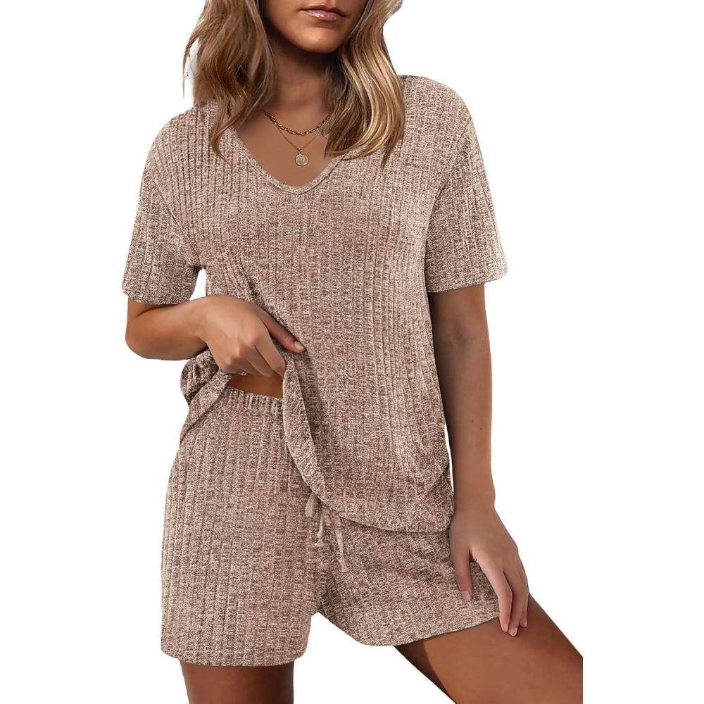 imageEkouaer Womens 2 Piece Lounge Sets Summer Two Piece Outfits Ribbed Knit V Neck Short Sleeve Tee and Pockets Shorts SetsBrown