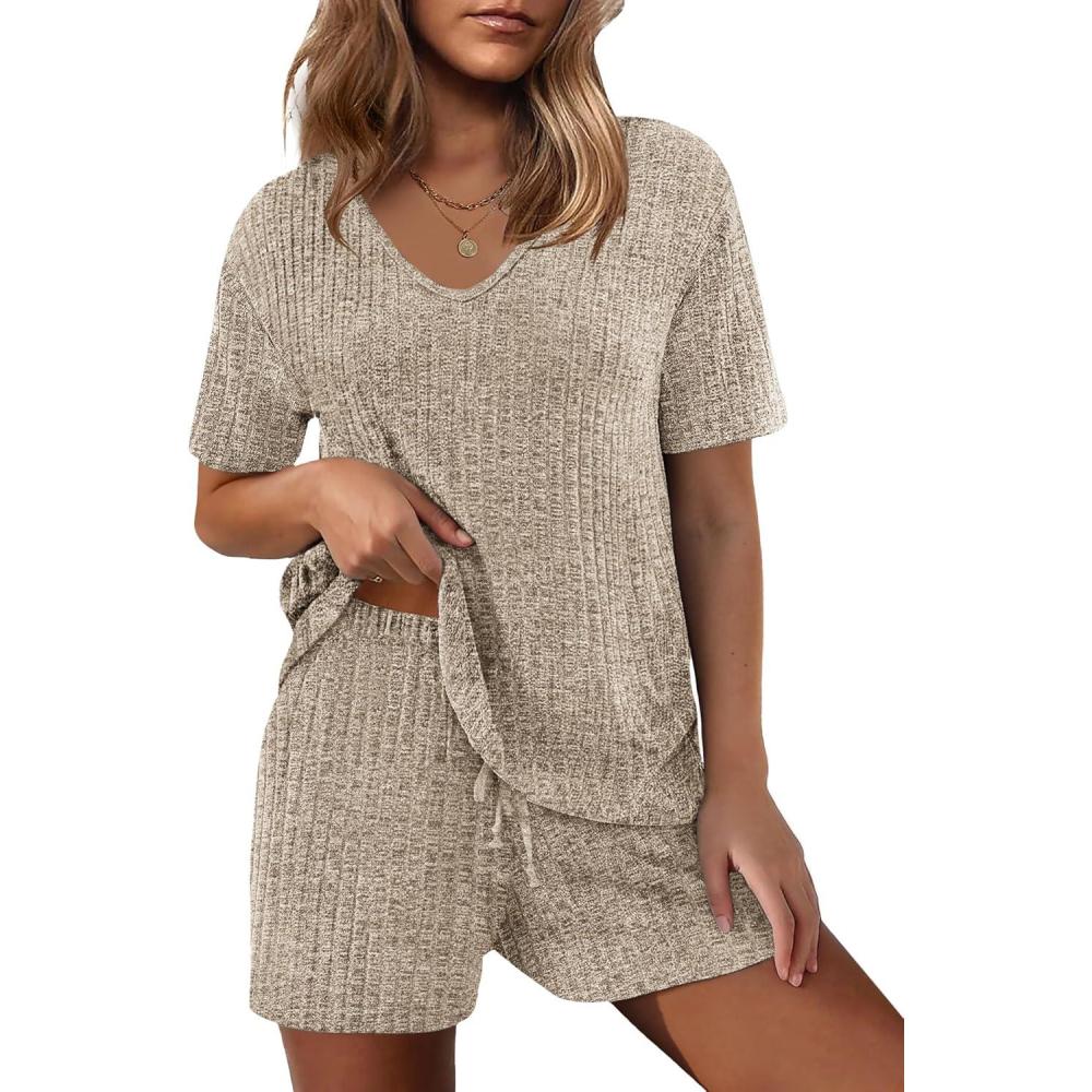 imageEkouaer Womens 2 Piece Lounge Sets Summer Two Piece Outfits Ribbed Knit V Neck Short Sleeve Tee and Pockets Shorts SetsKhaki