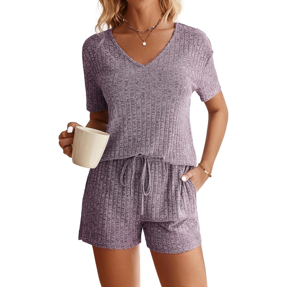 imageEkouaer Womens 2 Piece Lounge Sets Summer Two Piece Outfits Ribbed Knit V Neck Short Sleeve Tee and Pockets Shorts SetsPurple
