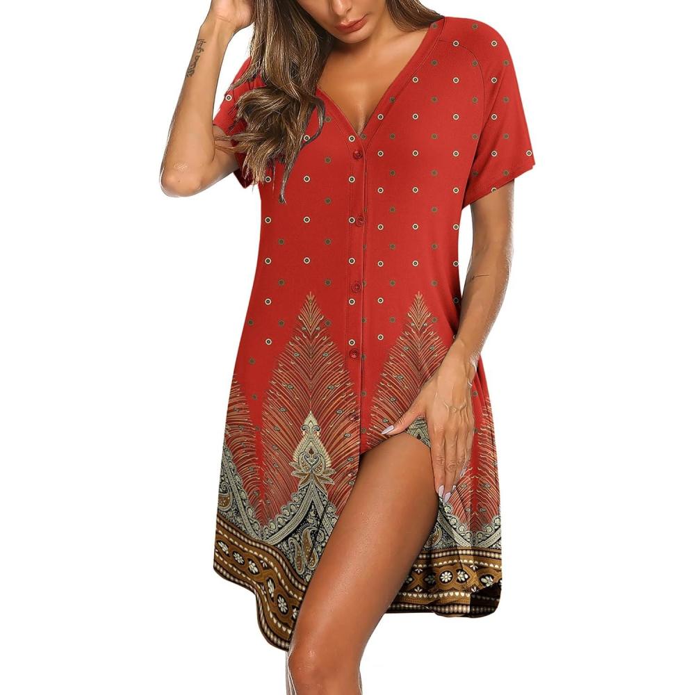 imageEkouaer Womens Button Down Nightgown Short Sleeve Sleepshirt V Neck Night Shirt Soft Pajamas Dress with PocketsFloral Red