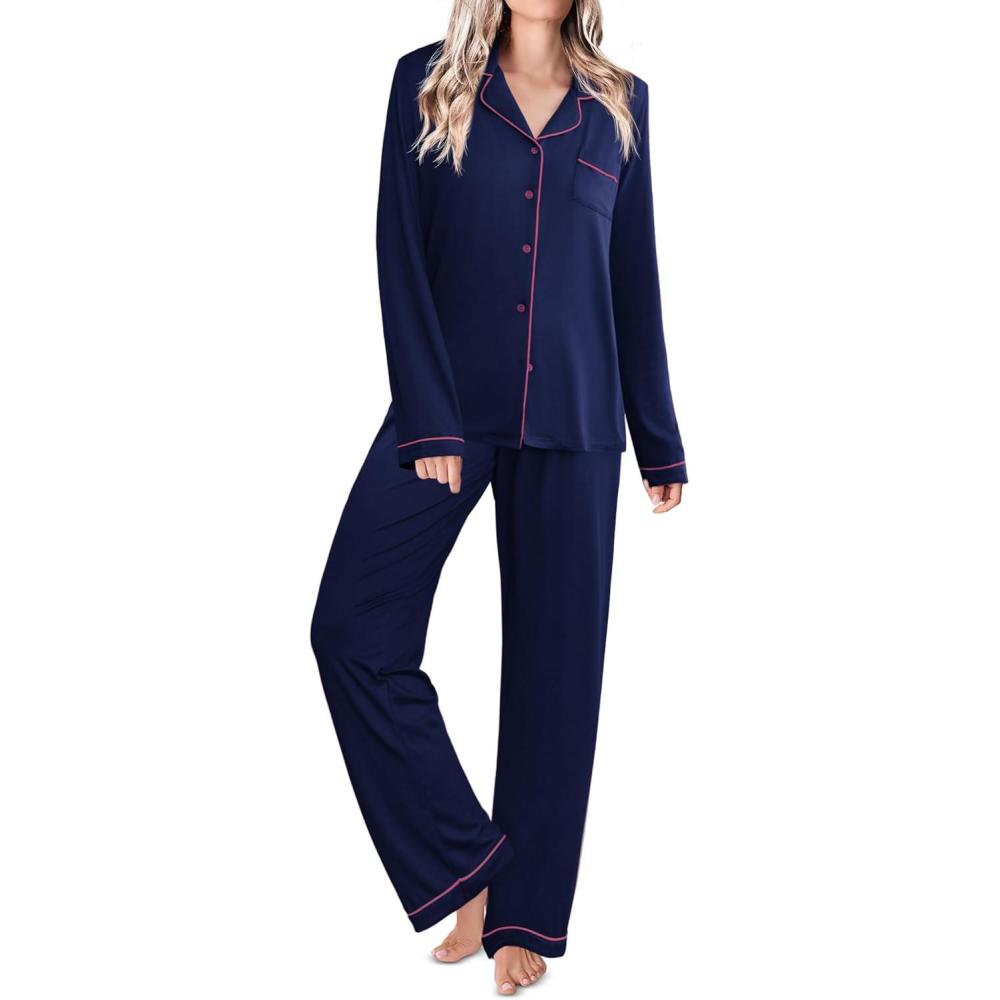 imageEkouaer Womens Classic Sleepwear Long Pajama Set SXXLNavy
