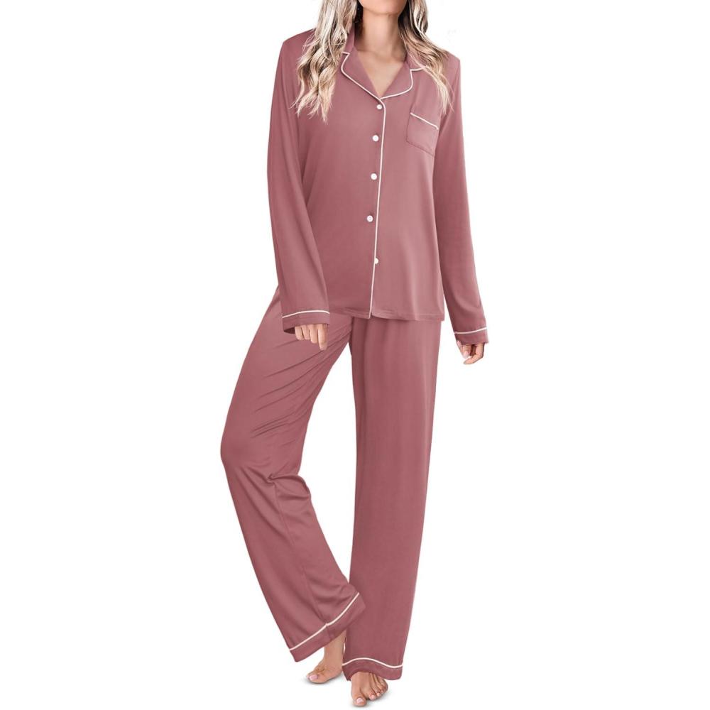 imageEkouaer Womens Classic Sleepwear Long Pajama Set SXXLPale Violet Red