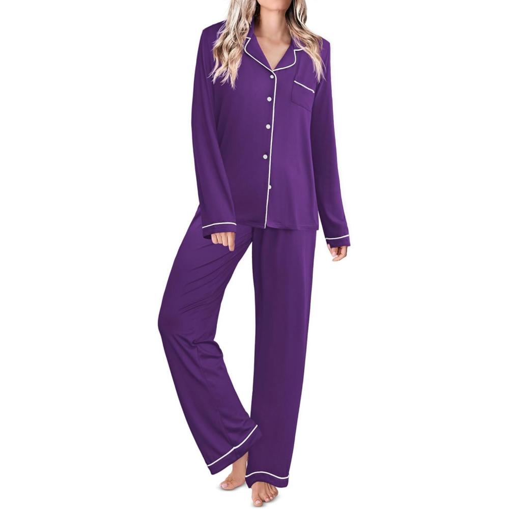 imageEkouaer Womens Classic Sleepwear Long Pajama Set SXXLPurple