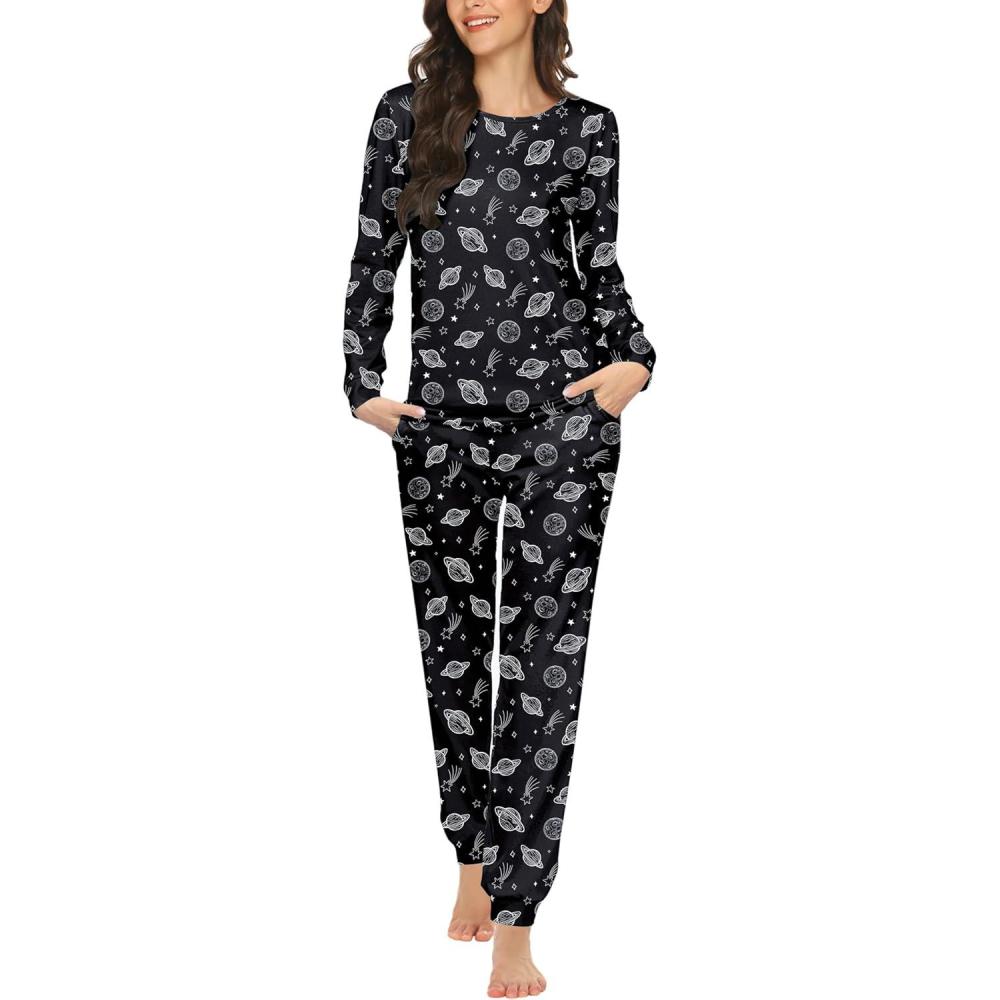 imageEkouaer Womens Jogger Pajama Sets Long Sleeve Sleepwear Round Neck Nightwear Soft Pjs Lounge Sets with PocketsBlack Planet